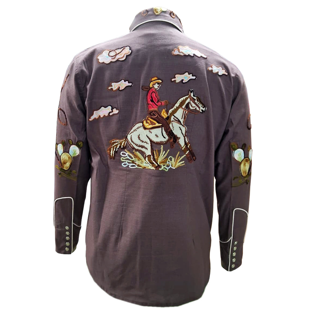 ADSH054 American Darling Plum Western Apparel - Embroidered Cotton Linen Desert Motif Shirt
