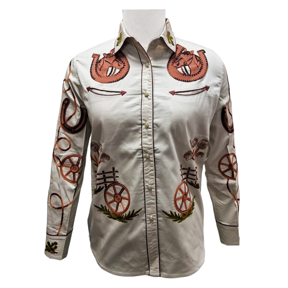 ADSH057 American Darling Off White Western Apparel - Embroidered Cotton Twill Cowboy Shirt