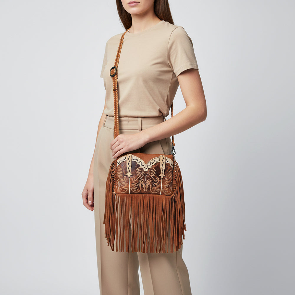 ADBGZ1103 American Darling Genuine Leather Embroidered Western Fringe Crossbody Bag