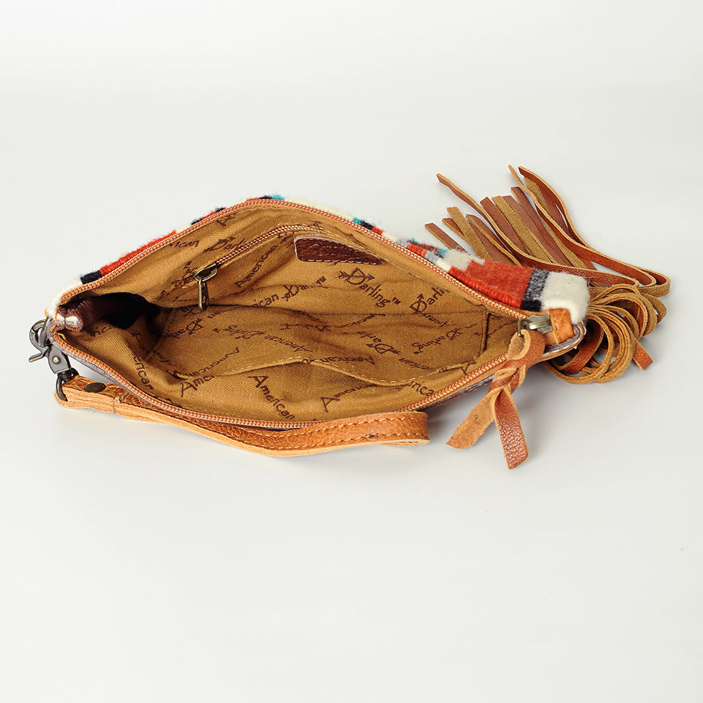 ADBG344 American Darling Aztec Saddle Blanket Tooled Leather Fringe Wristlet Clutch