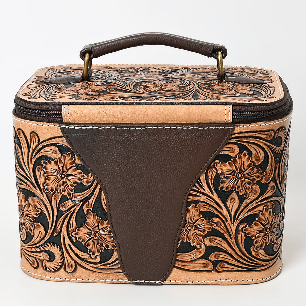 ADBGA576 Hand-Tooled Leather Jewelry Case with Zip Closure and Top Handle