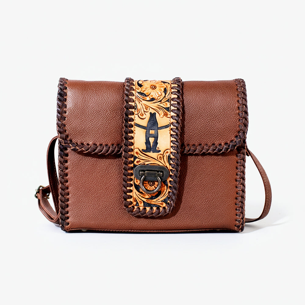 Laurel Rodeo Genuine Hand Tooled Brown Leather Crossbody Bag