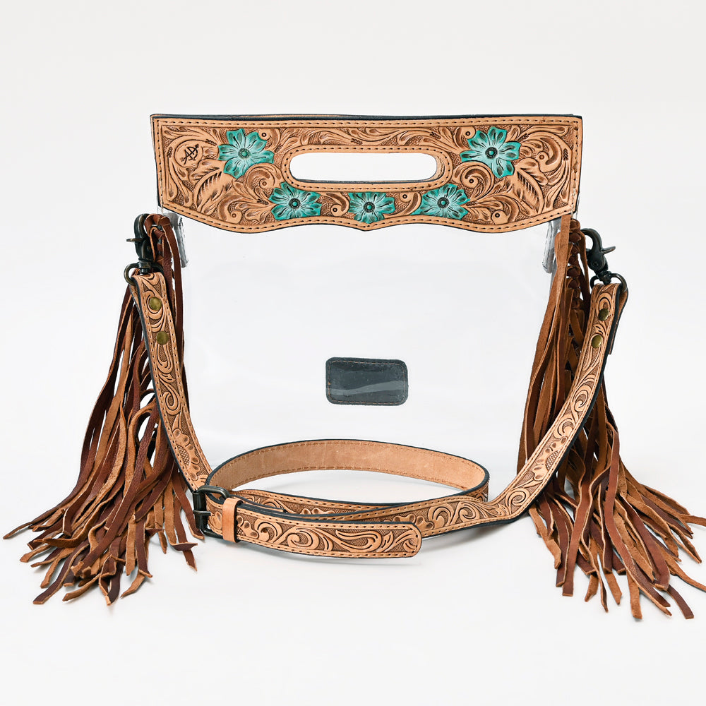 ADBG1163 American Darling Tooled Clear Bag with Fringe -Floral Crossbody Bag