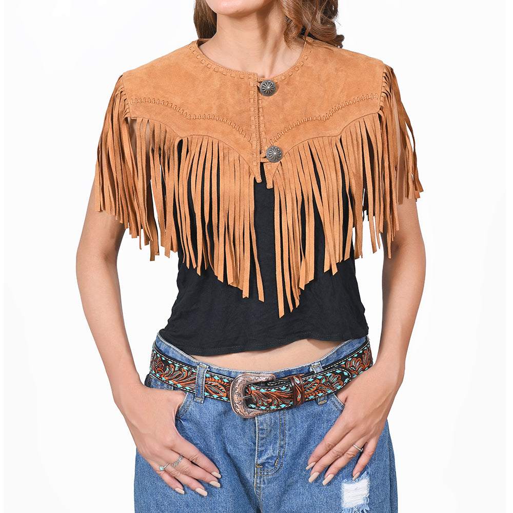ADDR025-S American Darling Western Suede Leather Fringe Capelet Vest with Concho Buttons