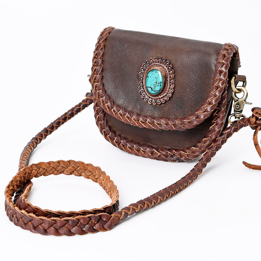 ADBGM338 Braided Leather Crossbody Bag with Stone Accent and Flap Closure