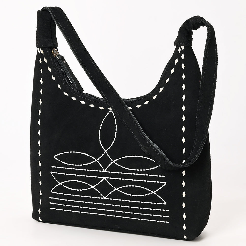 ADBG1617A American Darling Western Genuine Suede Leather Black Hobo Bag with Craftsmanship & Boot Stitch Detailing