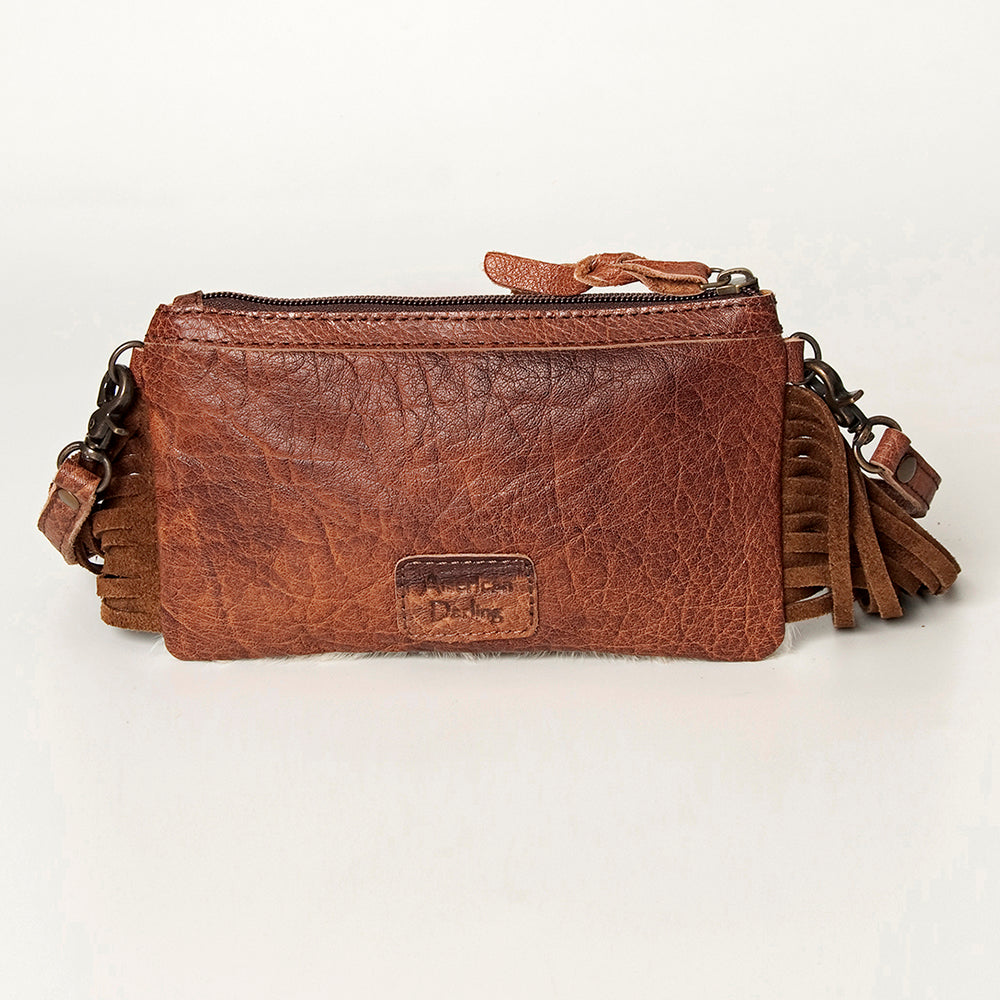 LC-ADBGS142 Western Rodeo Crossbody - Hair-On Leather Bag with Steer Wrestling Print & Fringe