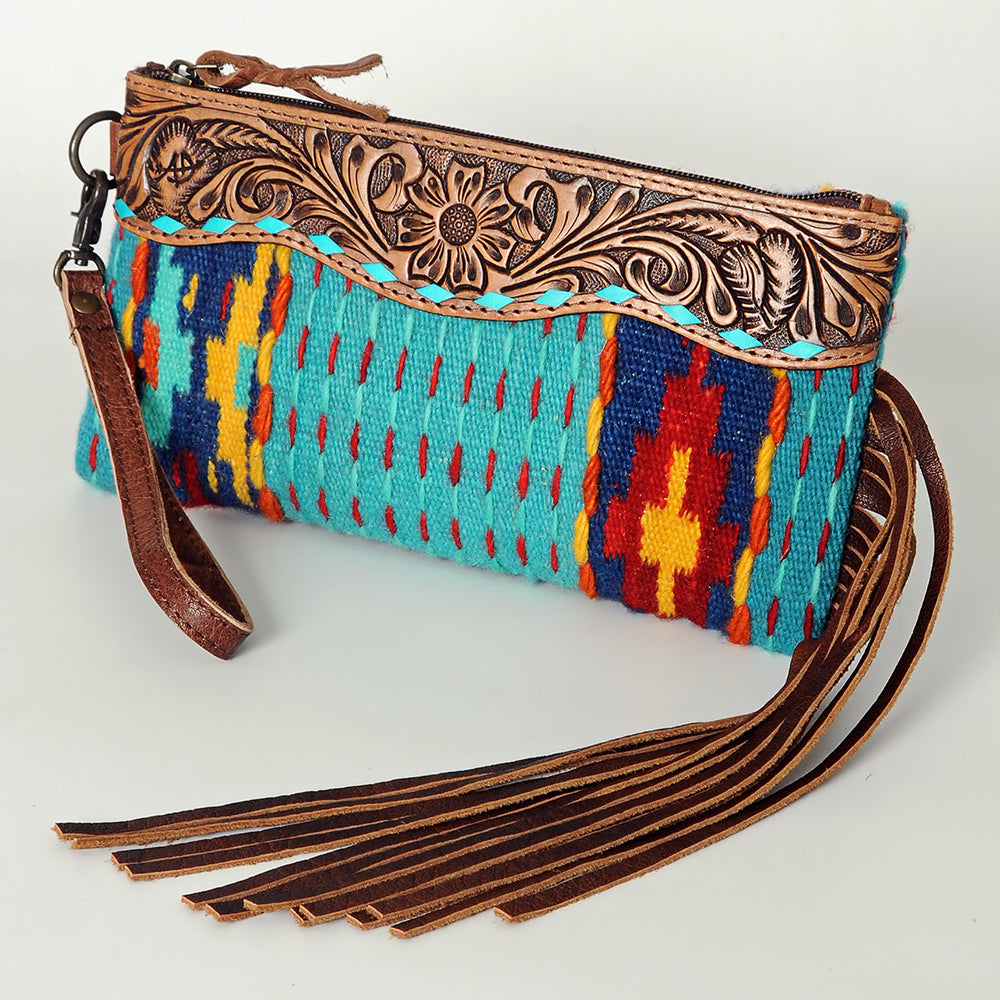 ADBG344 American Darling Aztec Saddle Blanket Tooled Leather Fringe Wristlet Clutch
