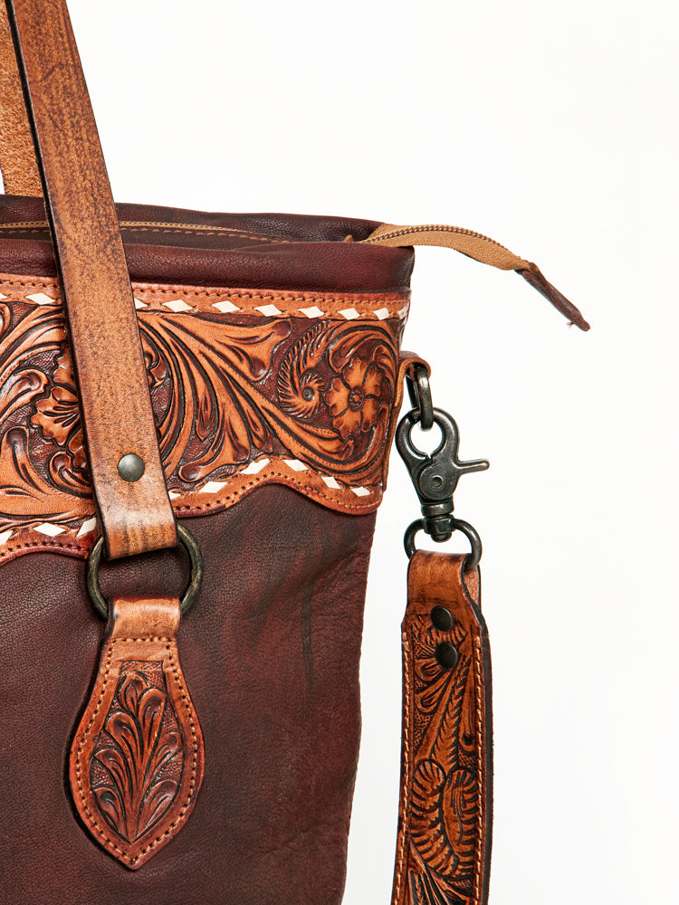 LC-ADBGZ259A Hand-Tooled Full Leather Western Tote Bag - Wine Red with Floral Strap