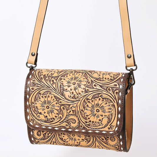ADBGZ693 Hand-Tooled Leather Western Crossbody Bag - Floral Carving in Natural Tan