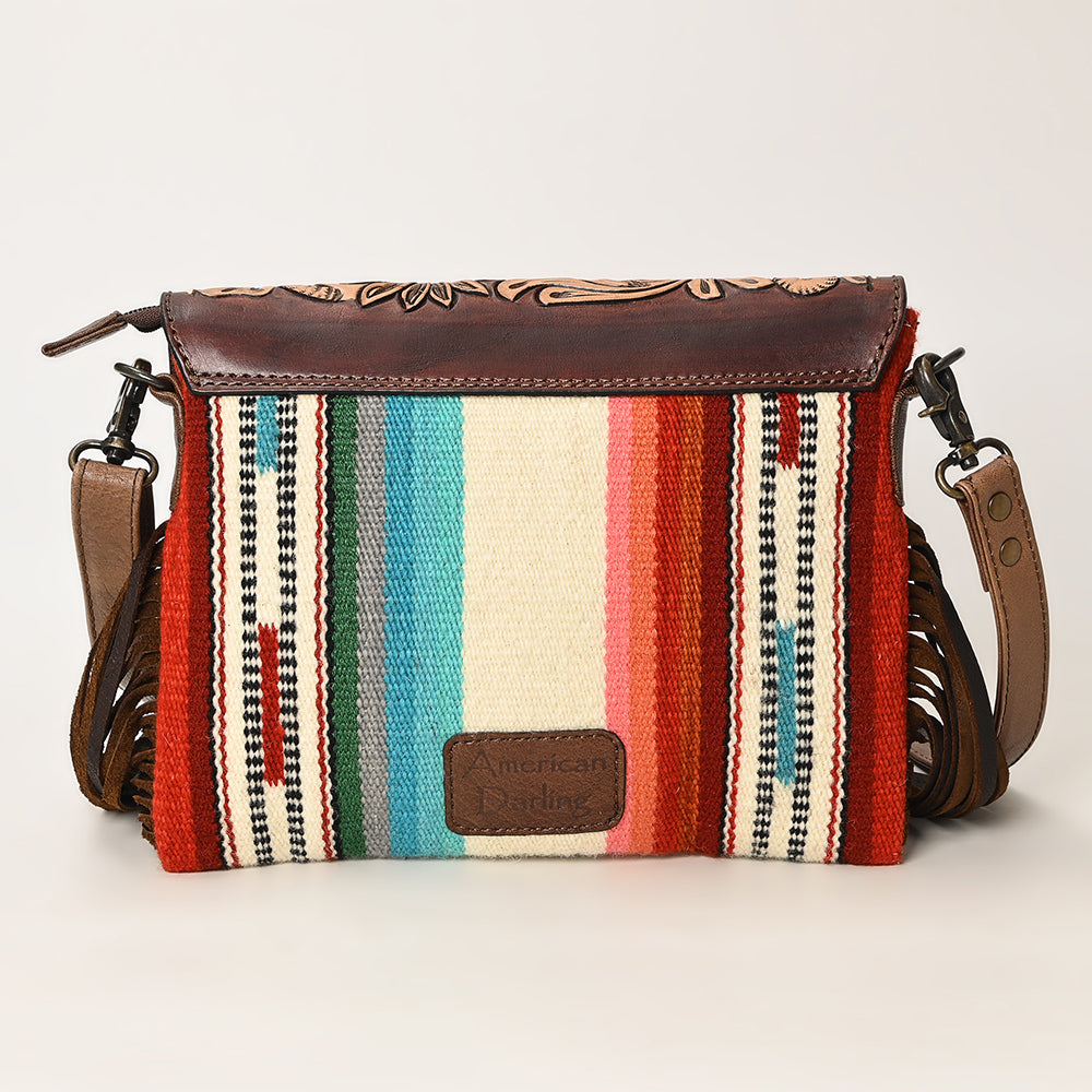 ADBG587 Western Tooled Leather Crossbody Bag with Fringe and Woven Fabric
