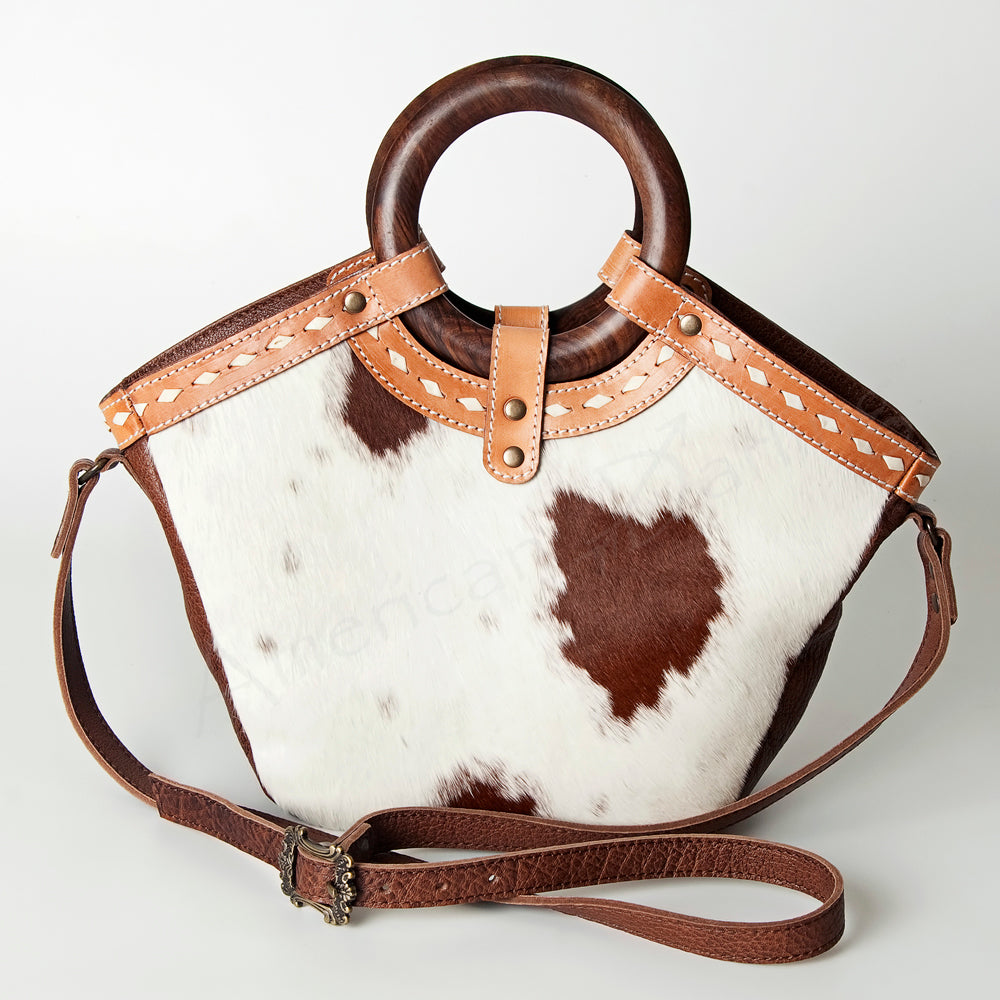 ADBG689B Western Hair On Leather Tote Bag with Wooden Handles American Darling Handcrafted Shoulder Bag