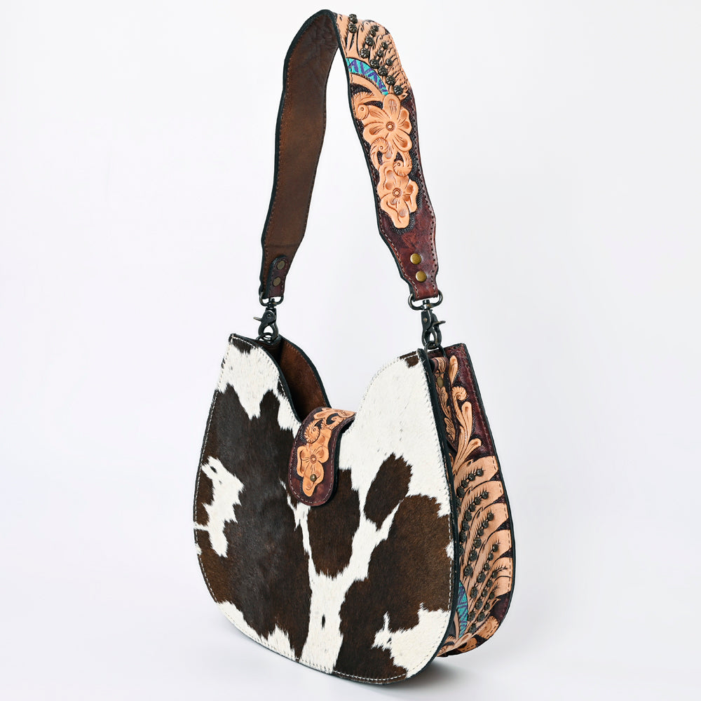 ADBG1076 American Darling Hair-on Cowhide Hobo Bag with Tooled Floral Strap Western Genuine Leather Purse
