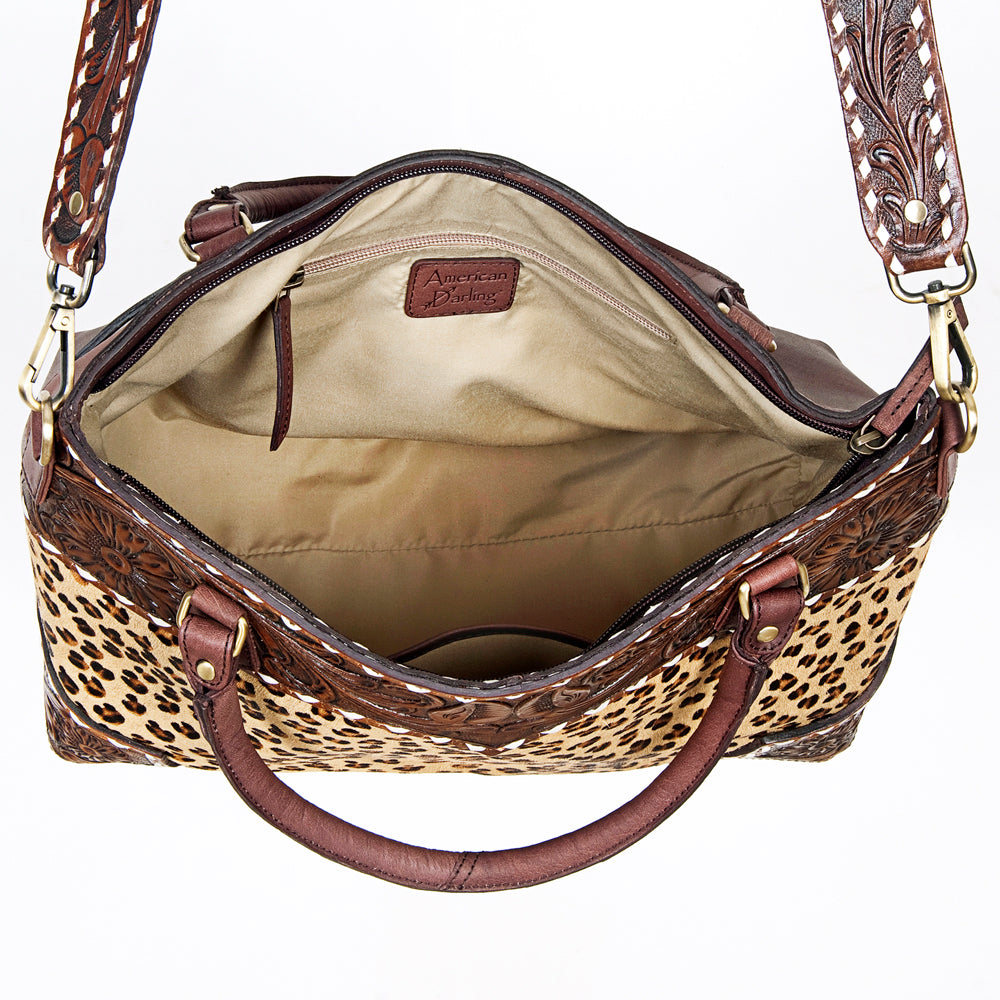 ADBGI141 Hand-Tooled Cowhide Leather Western Tote - Floral Tooled Hair-On Bag