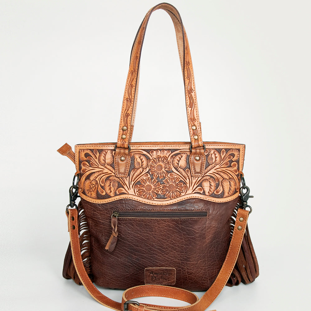 LC-ADBGS144BRW Tooled Leather & Cowhide Messenger - Western Fringe Bag with Floral Carving