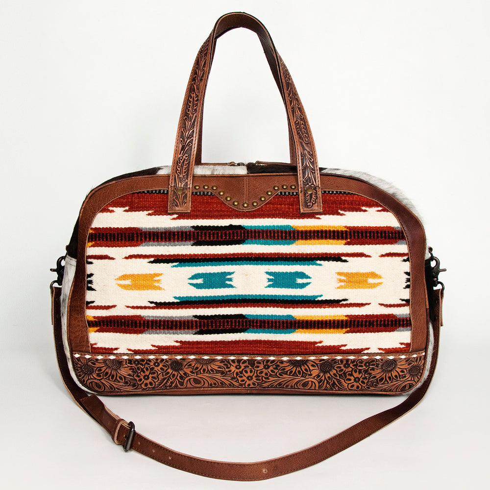 ADBG946 American Darling Handcrafted Western Leather Duffel with Hand Woven Saddle Blanket & Cowhide