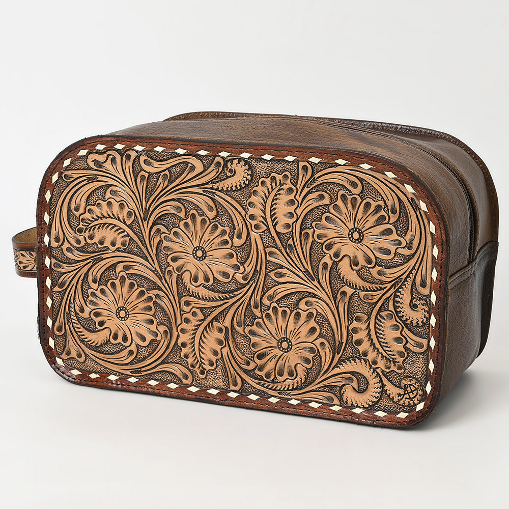ADBG1509 American Darling Hand-Tooled Western Leather Toiletry Bag - Genuine Floral Carved Travel Case