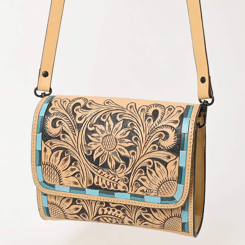 ADBGZ693 Hand-Tooled Leather Western Crossbody Bag - Floral Carving in Natural Tan