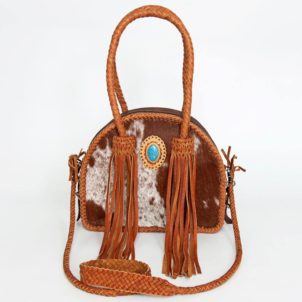 LC-ADBGD162B Round Hair-On Cowhide Leather Western Tote Bag with Turquoise Concho & Braided Fringe