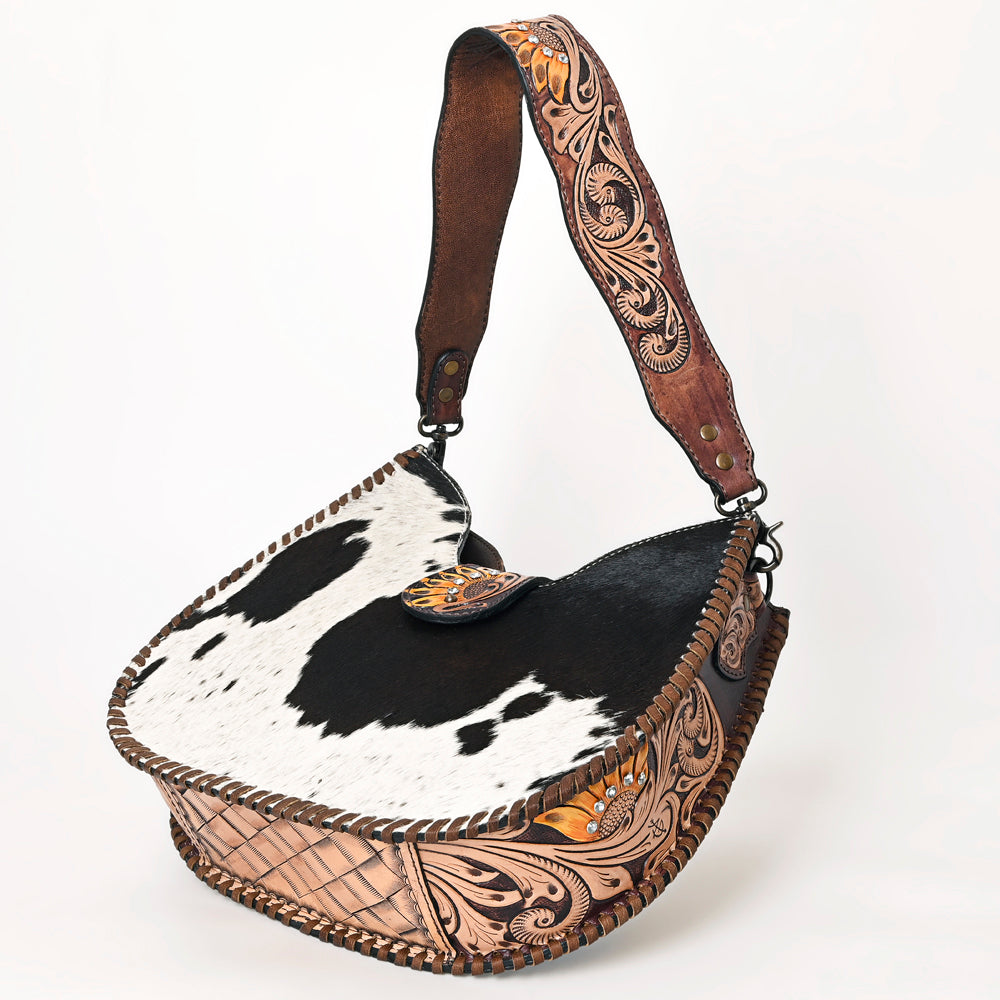 ADBG1076 American Darling Hair-on Cowhide Hobo Bag with Tooled Floral Strap Western Genuine Leather Purse