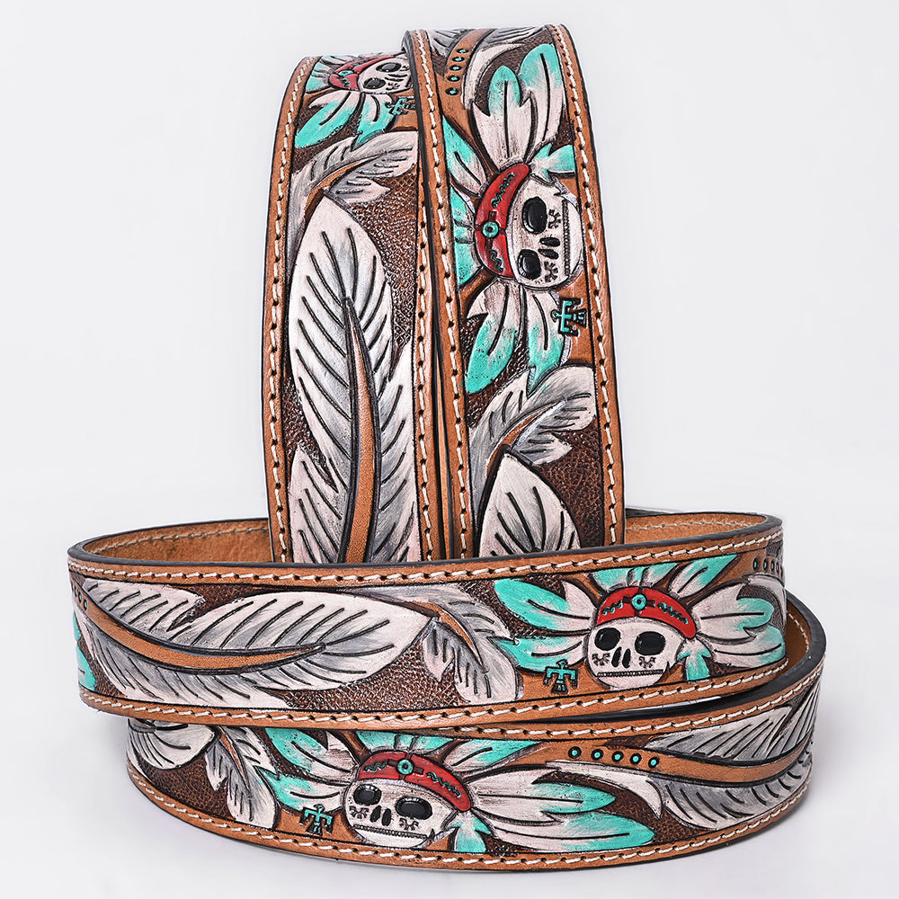 OHBTG104 American Darling Hand Tooled Leather Skull & Feather Belt