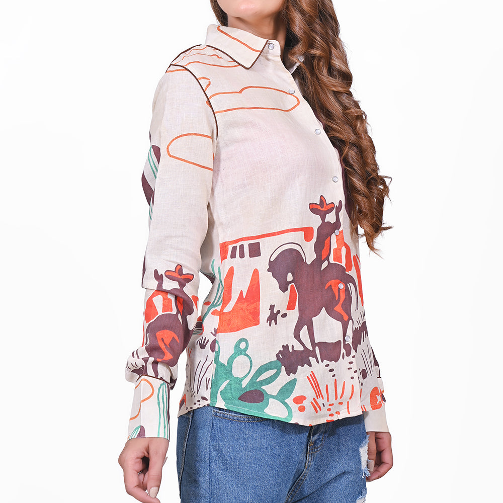 ADSH082 American Darling 100% Linen Printed Western Long Sleeve Shirt
