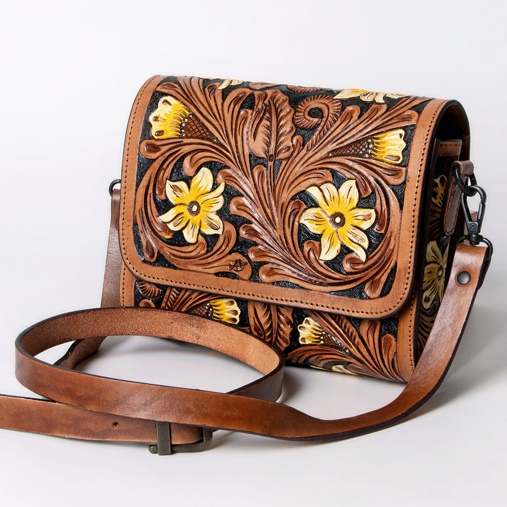 ADBGZ693 Hand-Tooled Leather Western Crossbody Bag - Floral Carving in Natural Tan