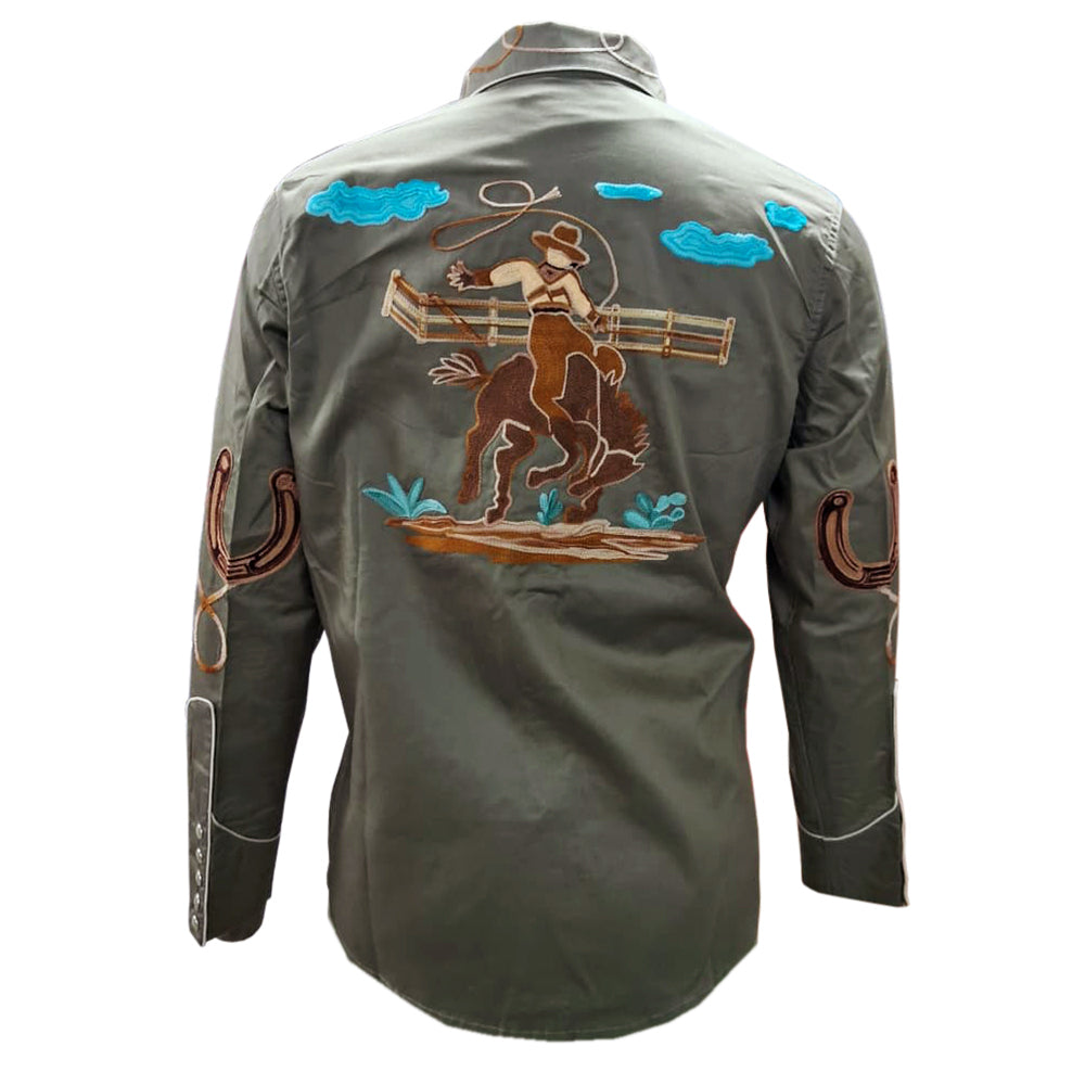 ADSH056 American Darling Saga Green Western Apparel - Embroidered Cotton Twill Horseshoe Shirt