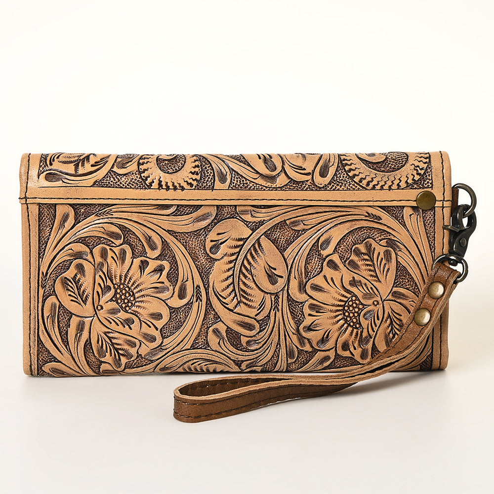 ADBG1311 American Darling Hand-Tooled Leather Trifold Wallet -Floral Carved Wristlet