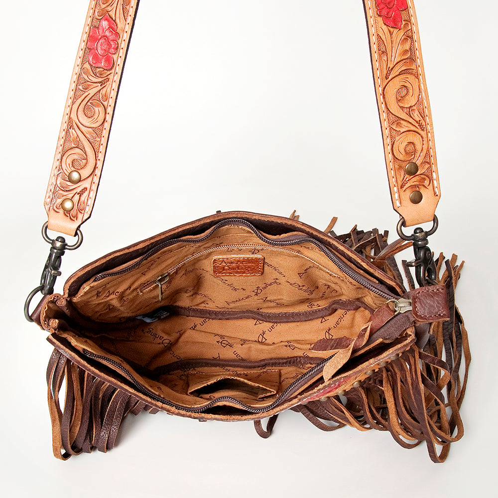 ADBG523 American Darling Hand Tooled Floral Leather Crossbody Bag with Fringes