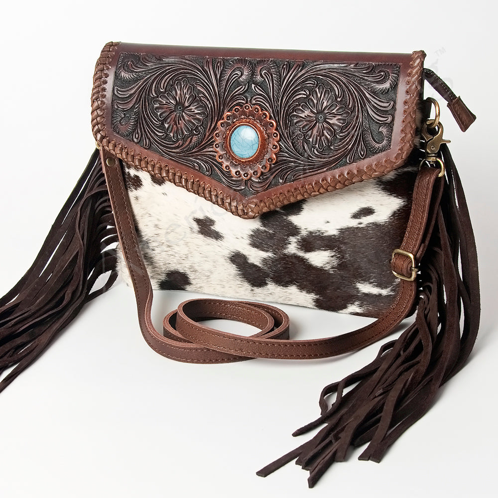 ADBGD121 American Darling Hand Tooled Floral & Hair-On Cowhide Leather Envelope with Turquoise Concho