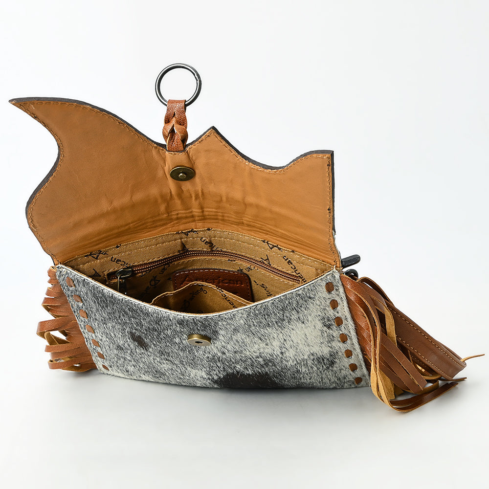 ADBG1589 American Darling Hair-On Cowhide Western Leather Wristlet Bag with Tooled Floral Detailing & Fringe