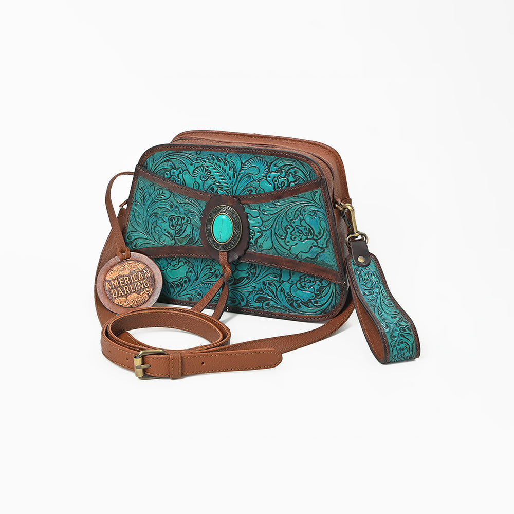 ADBGA1114 American Darling Western Hand-Tooled Turquoise Leather Crossbody Bag with Stone Concho