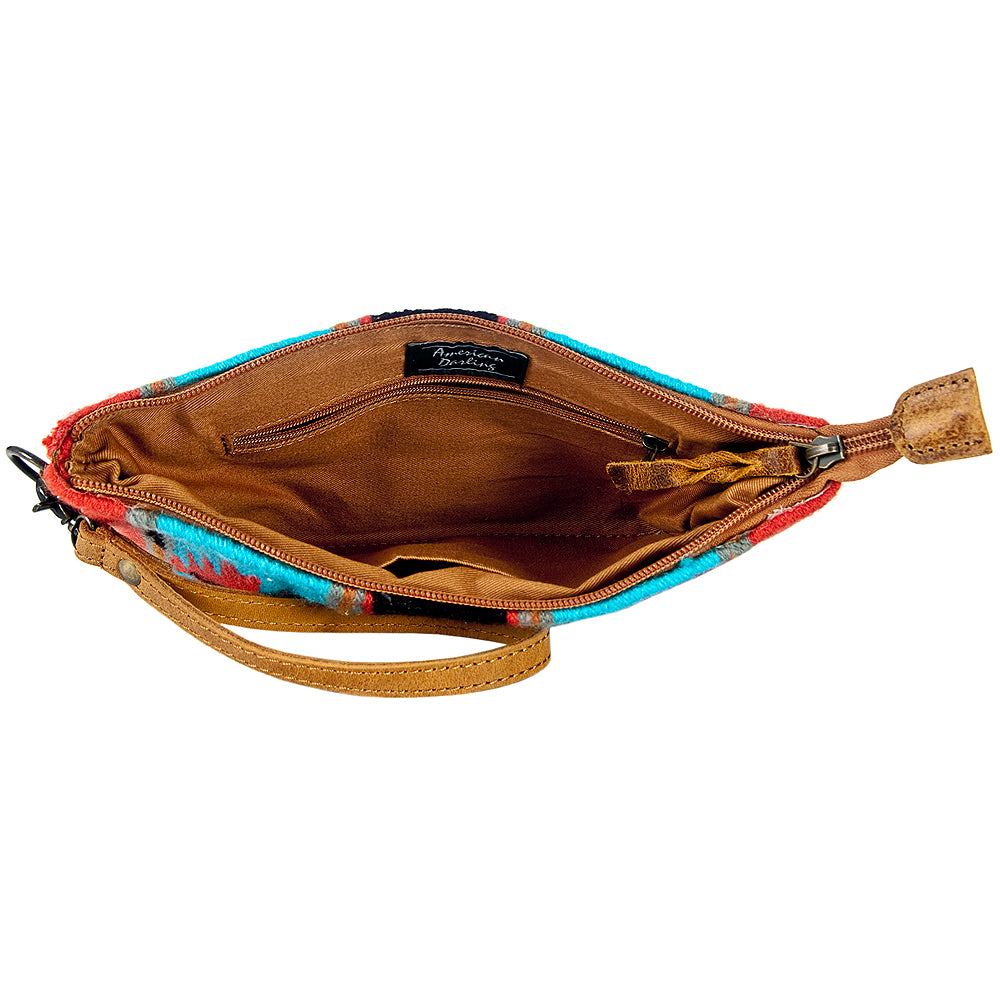 ADBG344 Southwestern Wool Wristlet Clutch with Tribal Pattern and Leather Strap