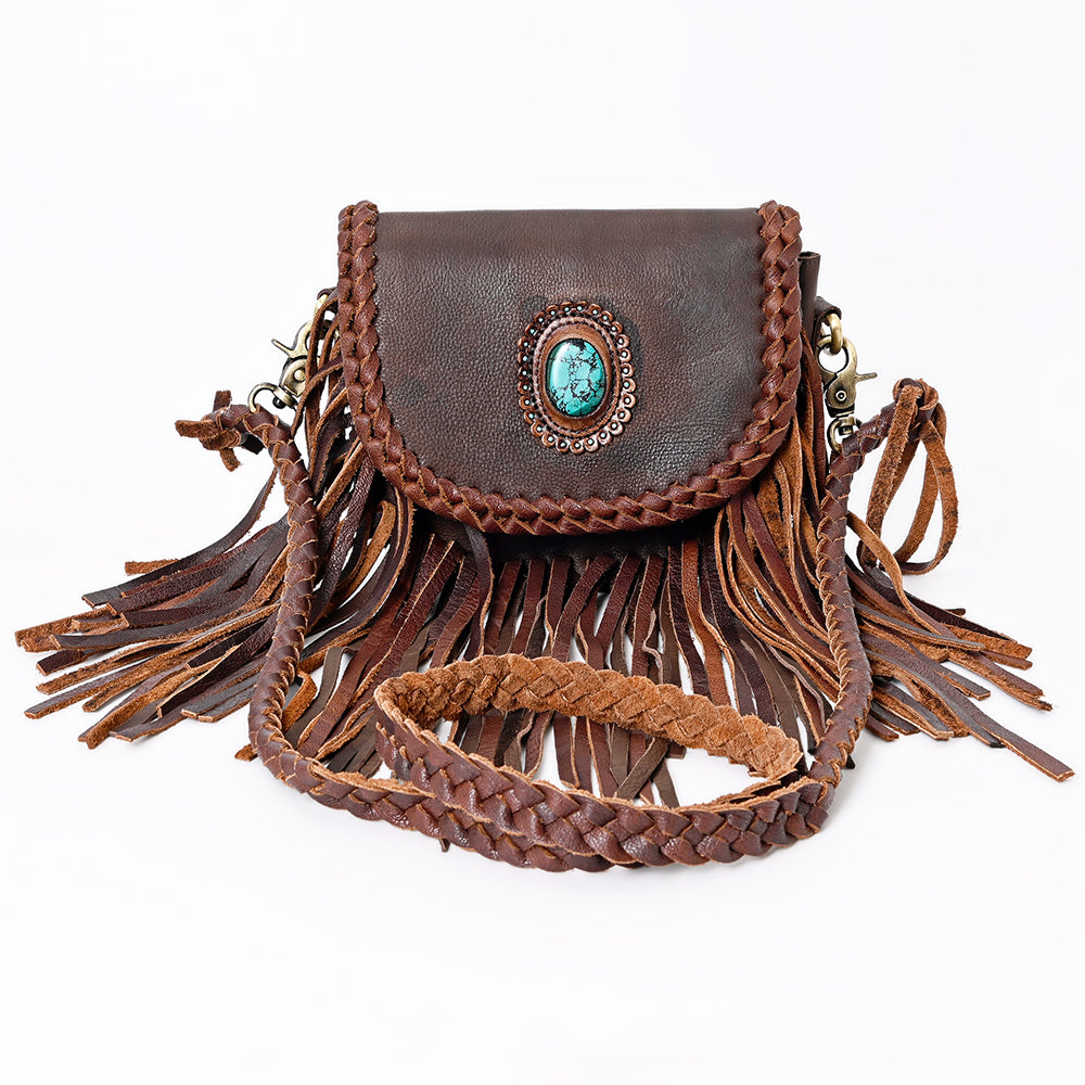 ADBGM338 Fringe Leather Crossbody Bag with Turquoise Concho - Small Western Braided Flap Purse