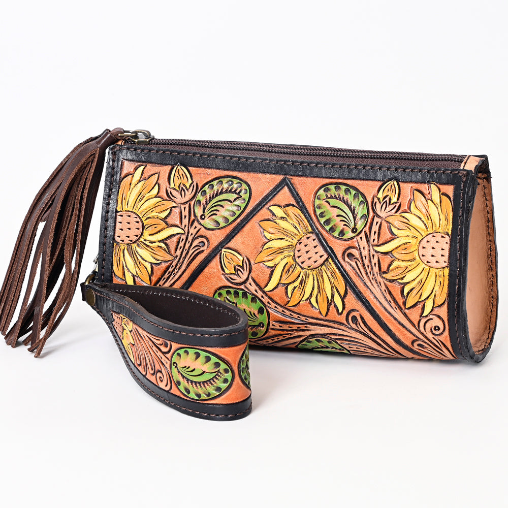 ADBGA387 American Darling Hand Tooled Floral Carved Genuine Leather Fringe Wristlet Bag