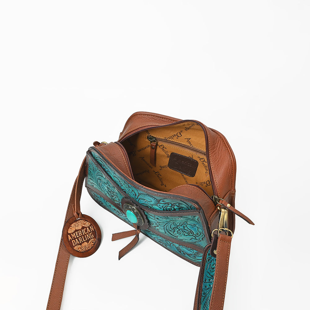 ADBGA1114 American Darling Western Hand-Tooled Turquoise Leather Crossbody Bag with Stone Concho