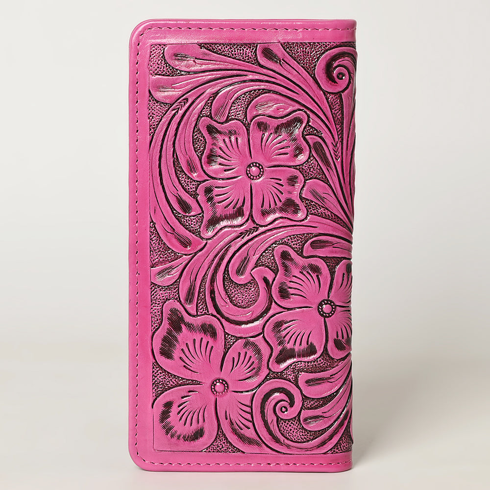 ADBG1269B American Darling Pink Tooled Leather Wallet -Floral Carved Bifold