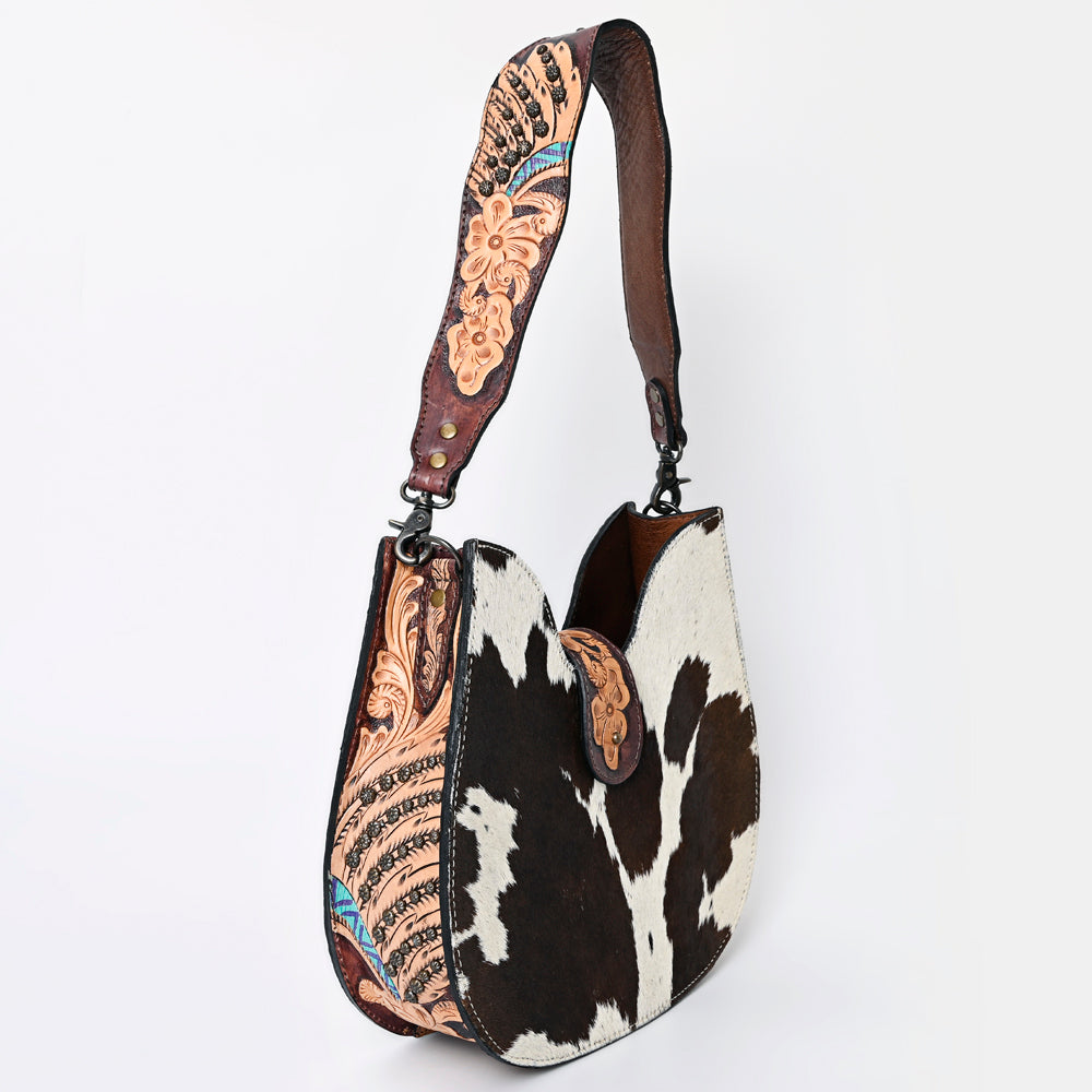 ADBG1076 American Darling Hair-on Cowhide Hobo Bag with Tooled Floral Strap Western Genuine Leather Purse