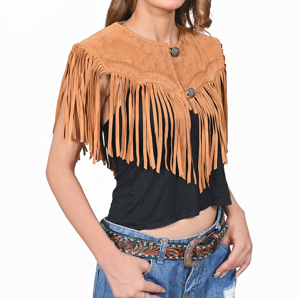 ADDR025-M American Darling Western Suede Leather Fringe Capelet Vest with Concho Buttons