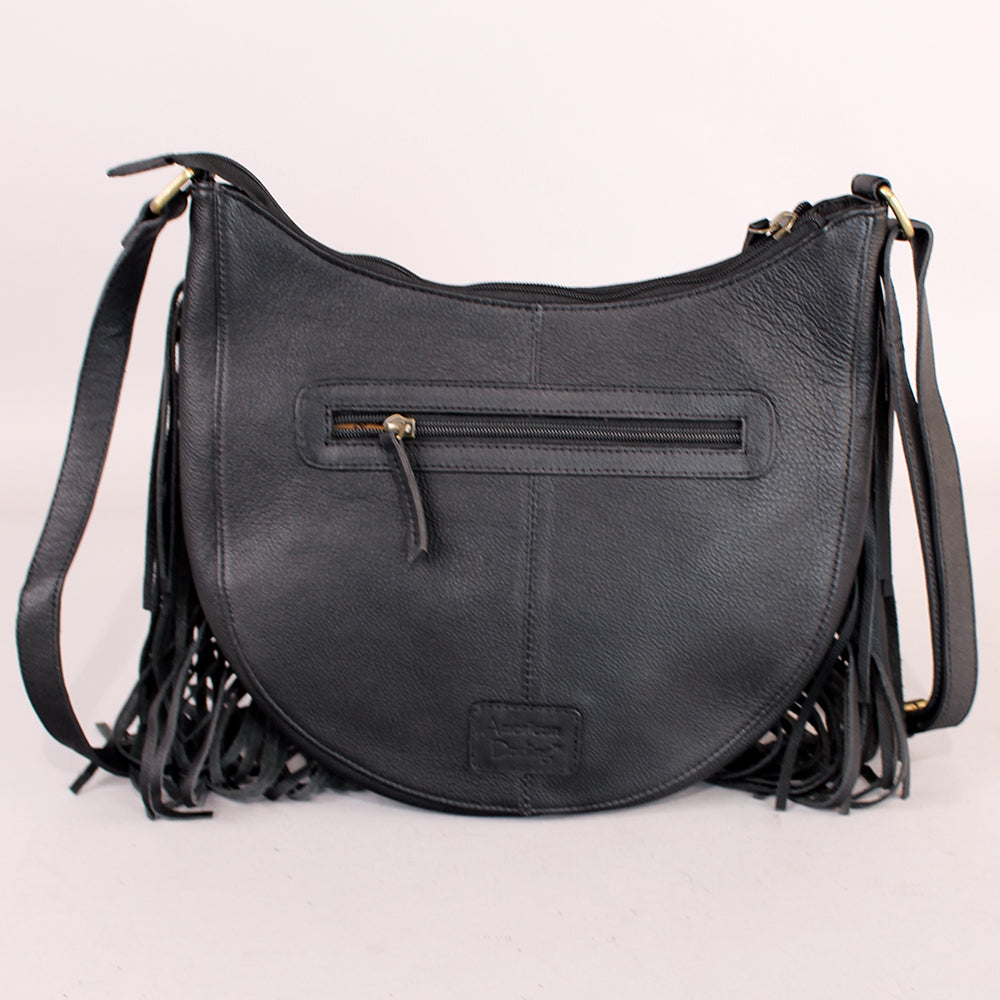 Midnight Rodeo Black Grain Leather Frindged Crossbody Bag
