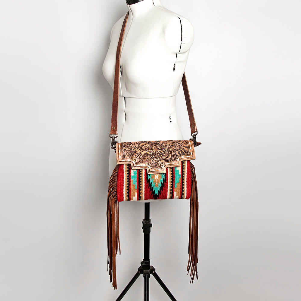 ADBG587 Western Tooled Leather Crossbody Bag with Fringe and Woven Fabric