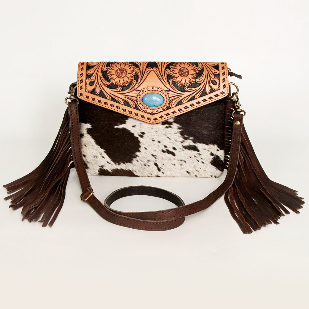 ADBGD120 American Darling Hand Tooled Floral & Hair-On Cowhide Envelope with Turquoise Concho