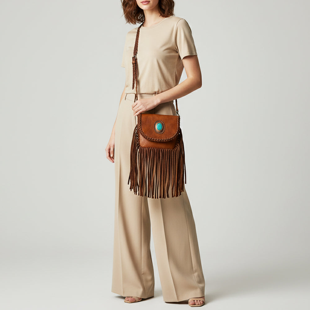 ADBGM338 Fringe Leather Crossbody Bag with Turquoise Concho - Small Western Braided Flap Purse