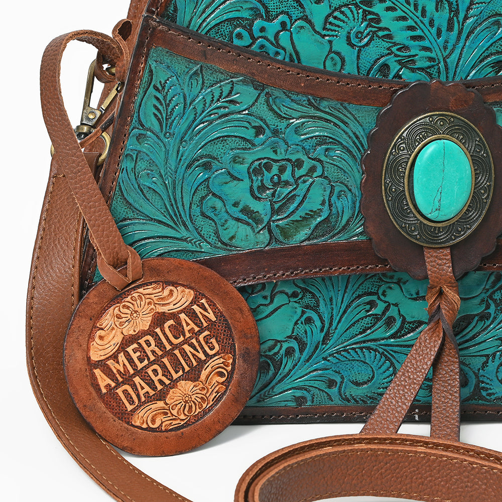 ADBGA1114 American Darling Western Hand-Tooled Turquoise Leather Crossbody Bag with Stone Concho