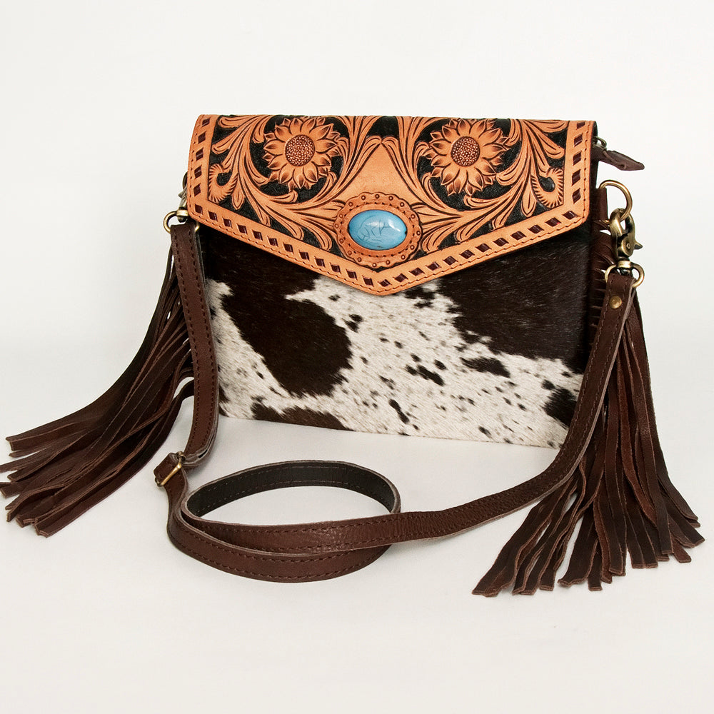 ADBGD120 American Darling Hand Tooled Floral & Hair-On Cowhide Envelope with Turquoise Concho