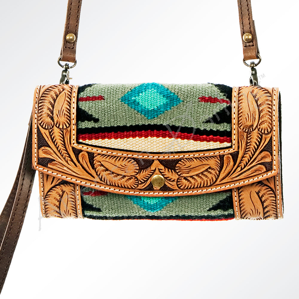 ADBG557DAR1 American Darling Hand Tooled Floral Leather & Woven Saddle Blanket Western Crossbody Bag