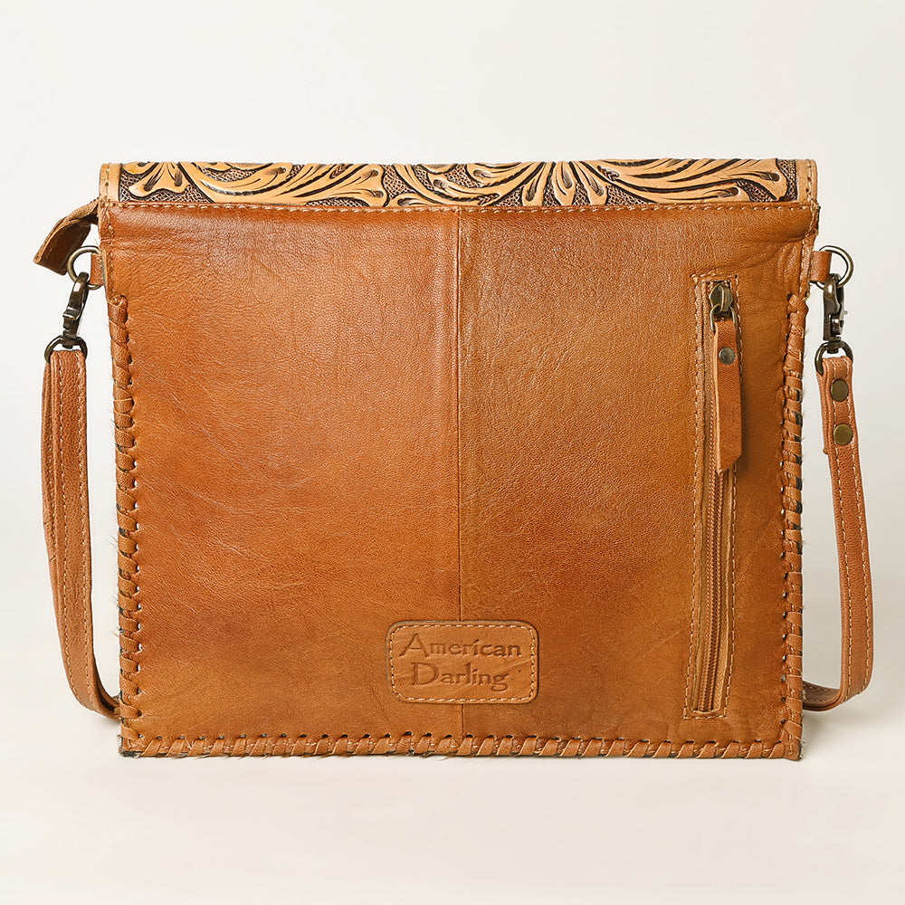 ADBG1389 American Darling Western Leather Crossbody with Hair-On Cowhide & Hand-Tooled Floral Detail
