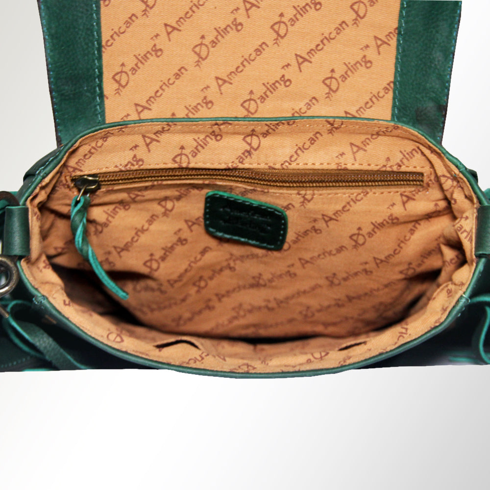 LC-ADBGZ483 Tan & Green Tooled Leather Messenger Bag - Floral Design with Turquoise Accent and Fringe