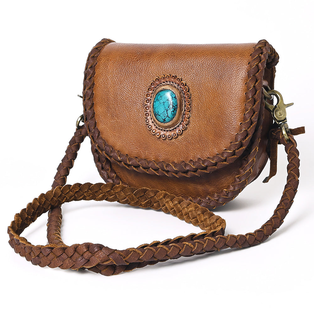 ADBGM338 Braided Leather Crossbody Bag with Stone Accent and Flap Closure